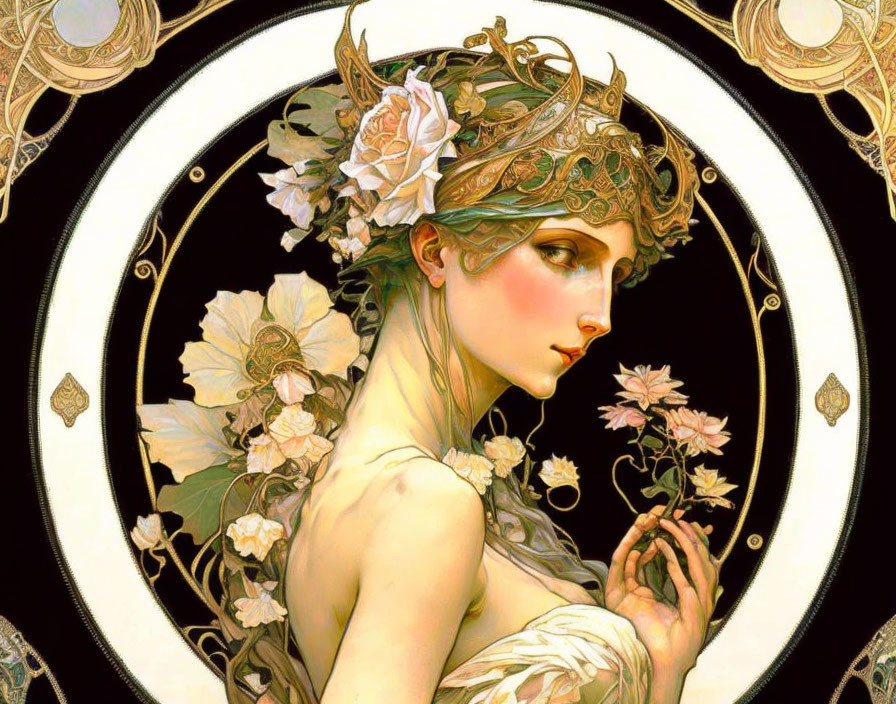 Art Nouveau style woman with ornate floral headgear and decorative patterns