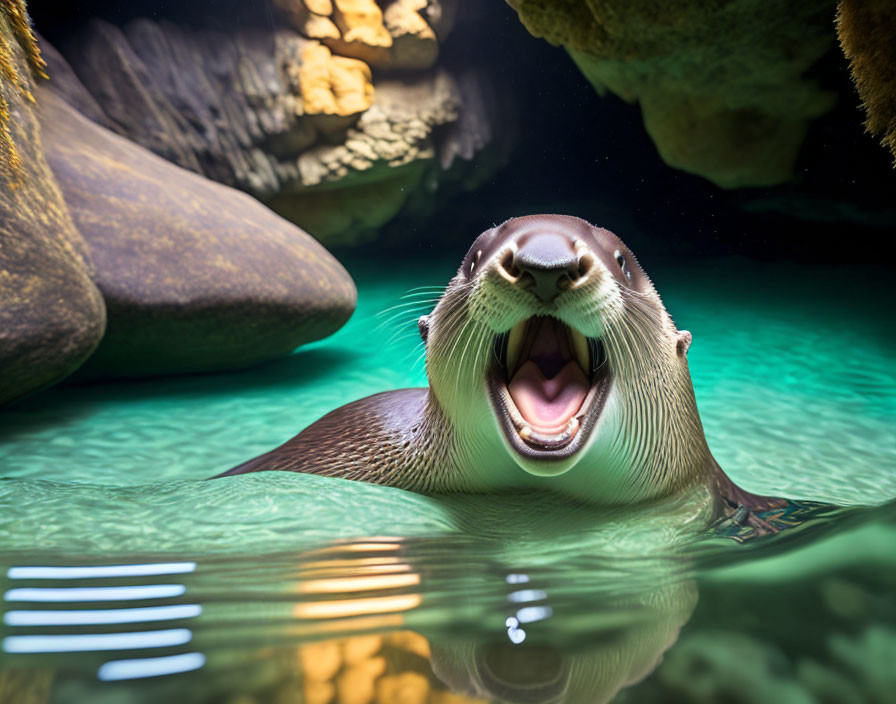 Playful sea lion with mouth open underwater rocks background