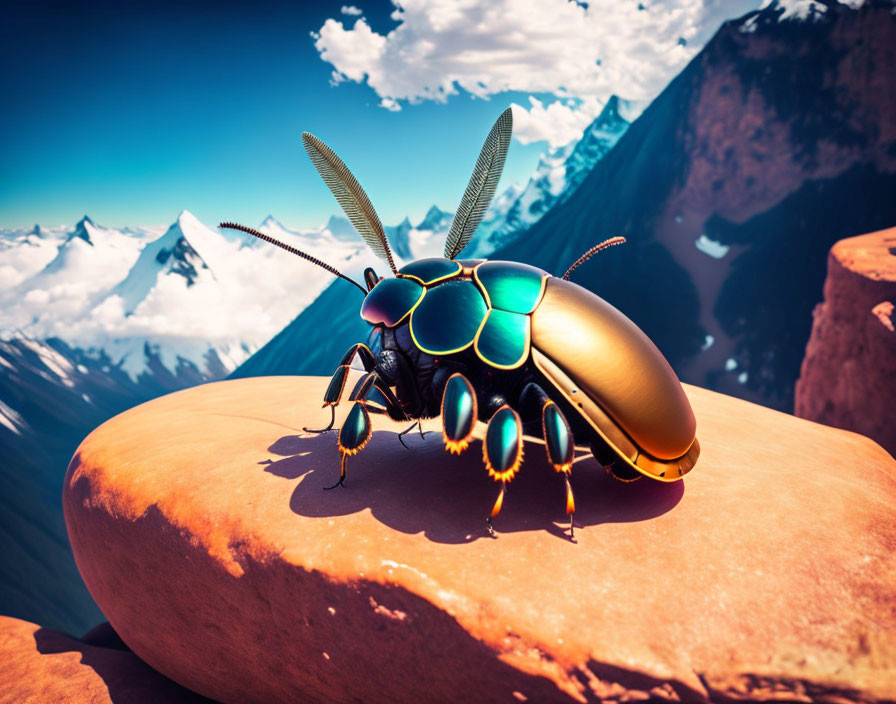 Iridescent beetle on rock with snowy mountains