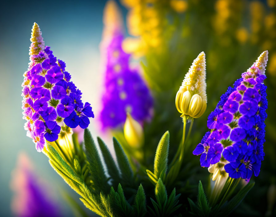 Vibrant Purple and Yellow Flowers with Soft Bokeh Background in Garden Setting