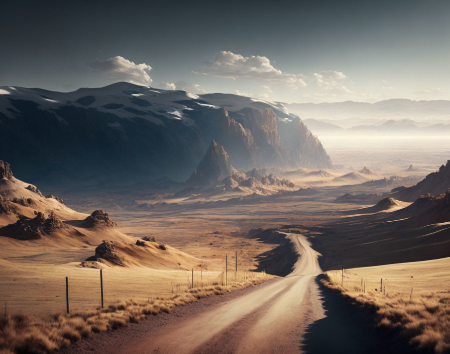 Desert landscape with winding dirt road and dramatic rock formations
