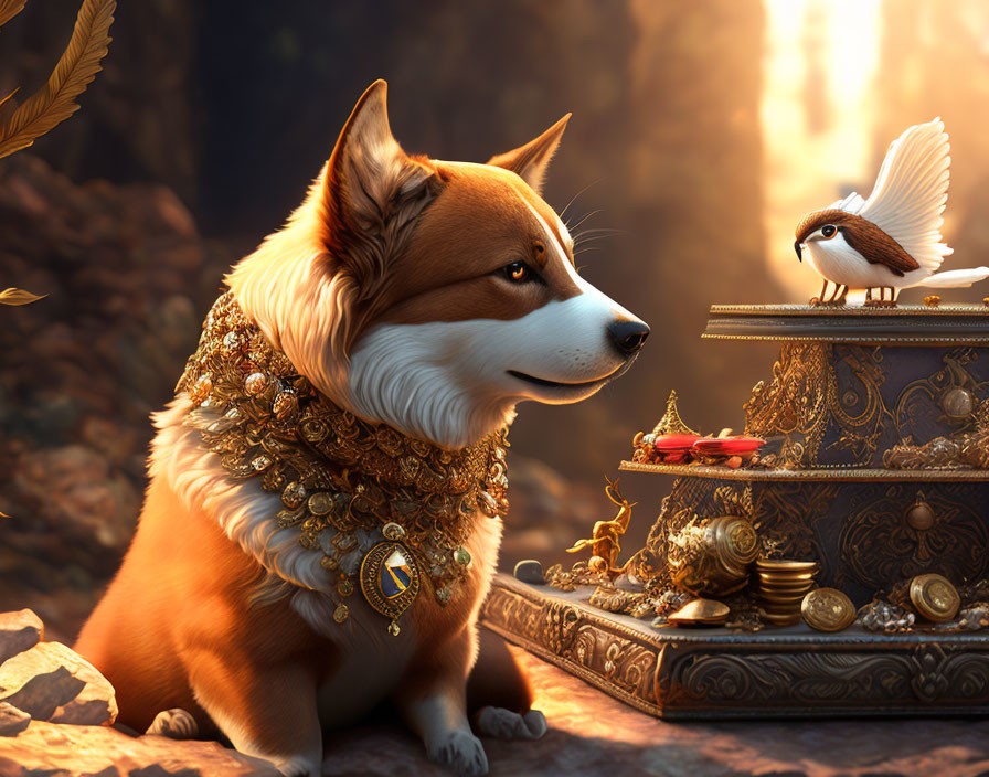 Regal corgi with gold collar beside treasure chest and jewels