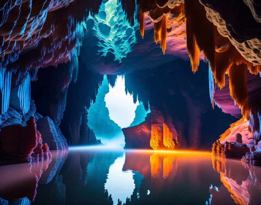 Colorful illuminated stalactites and stalagmites in underground cavern.