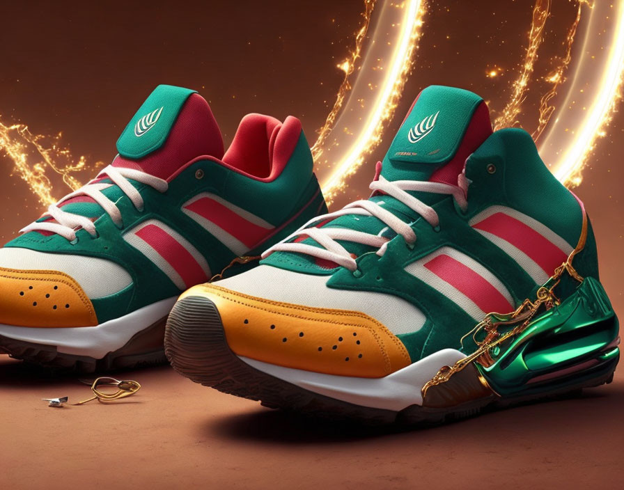 Stylish Sneakers with Green, Red, Yellow Accents & Metallic Gold on Dynamic Background