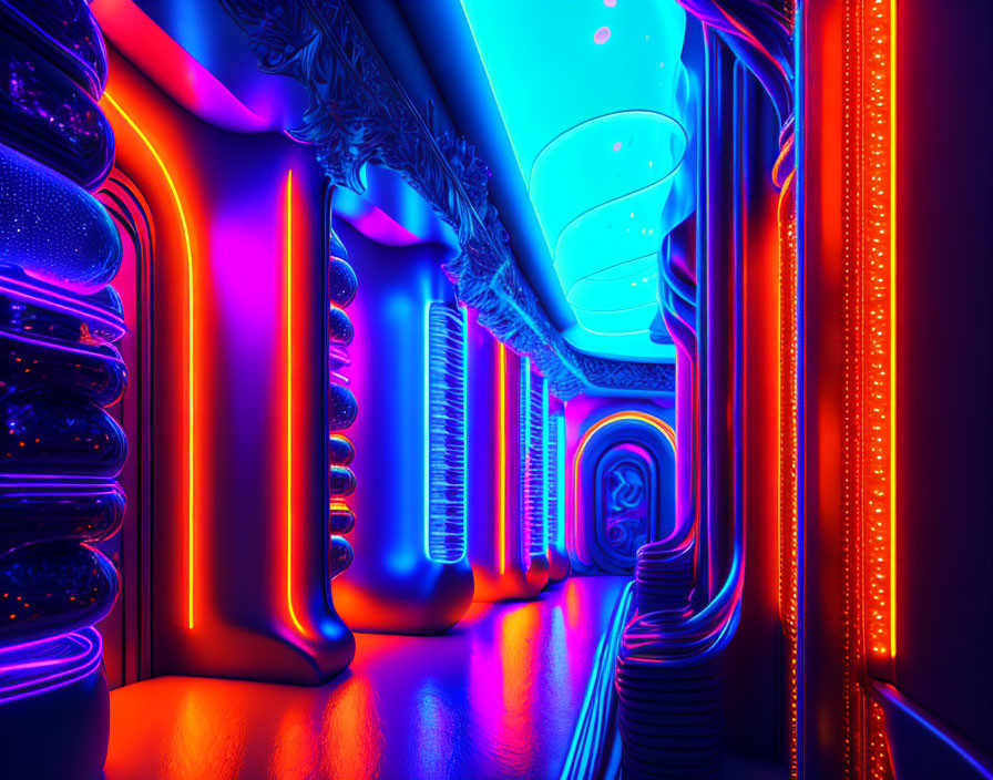 Vibrant neon-lit corridor with futuristic organic ceiling designs