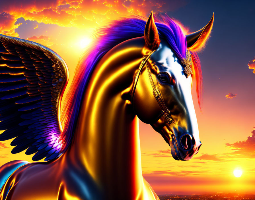 Mythical Pegasus: Golden Body, Multi-Colored Mane, Dark Wings