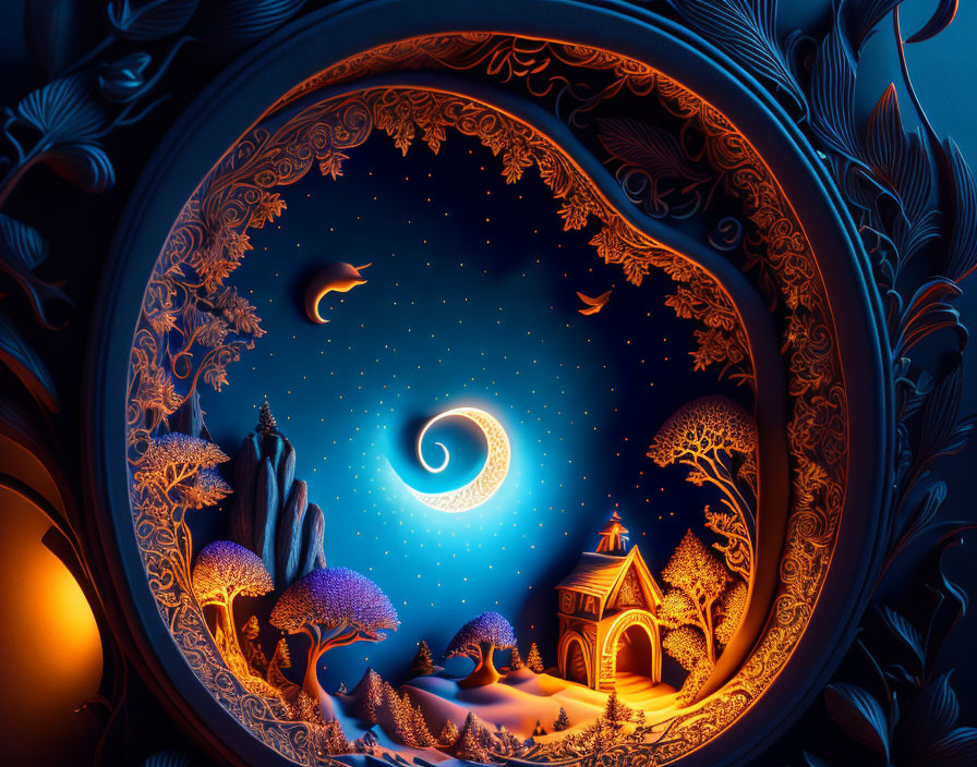 Circular Frame Surrounds Night Sky with Moon and Stars