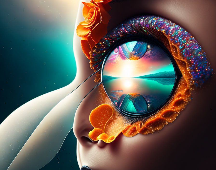 Colorful digital artwork: Side profile face with eye reflecting surreal beach sunset