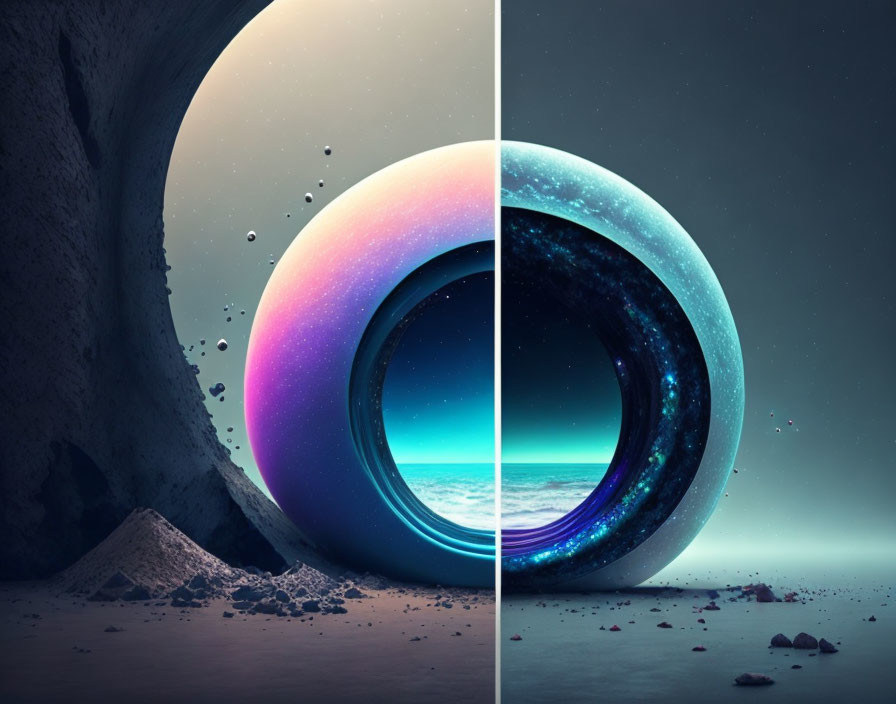 Split-screen surreal image with stylized portals on alien landscapes leading to vibrant cosmic scenes