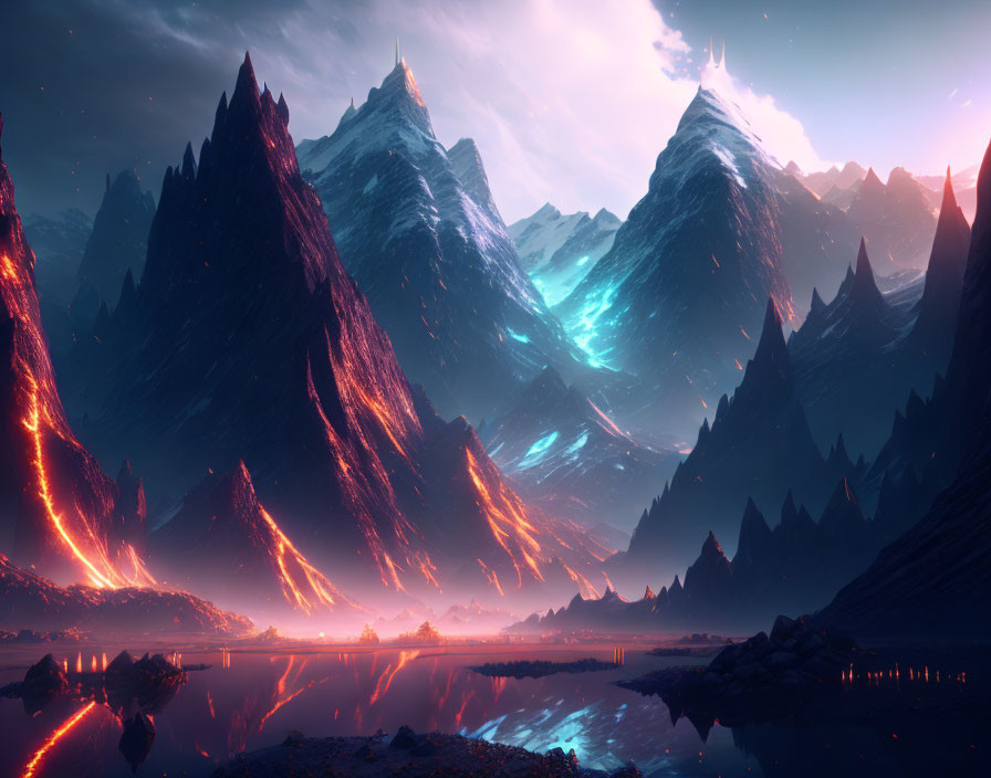 Fantastical landscape with glowing lava streams and ethereal purple sky