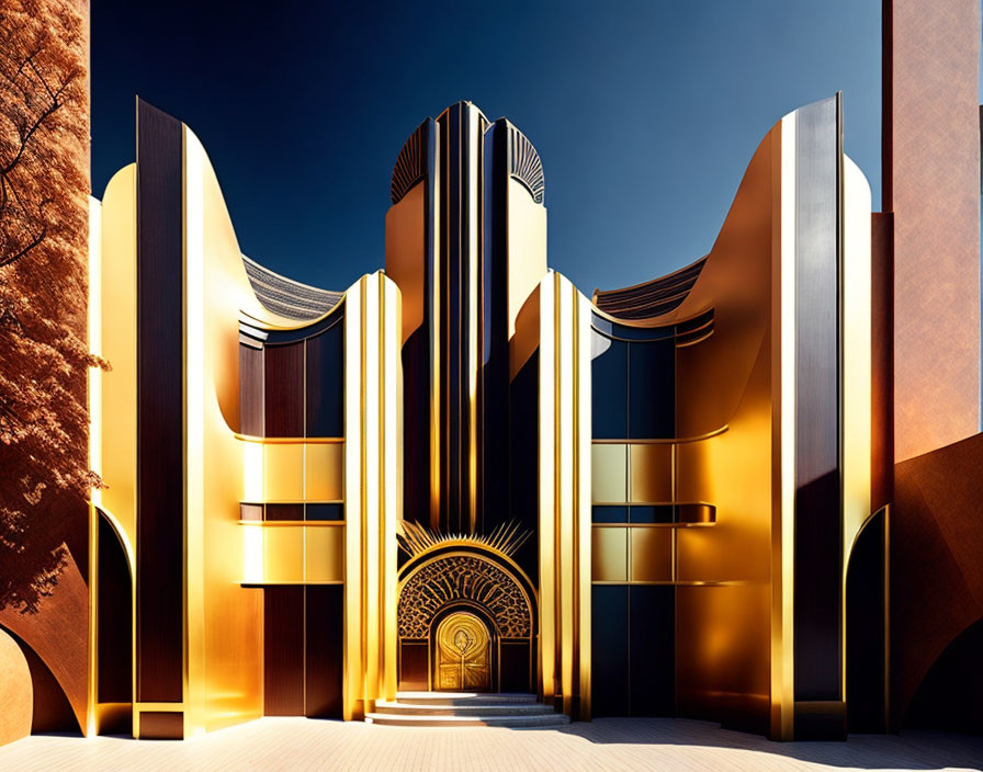 Art Deco style building with gold and black façade, curving shapes, ornate door,