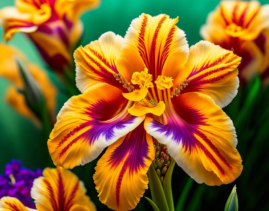 Vibrant Iris Flowers in Yellow, Orange, and Purple Hues