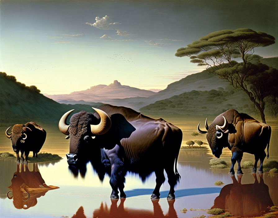 African buffaloes by calm lake with savannah and mountains reflected.
