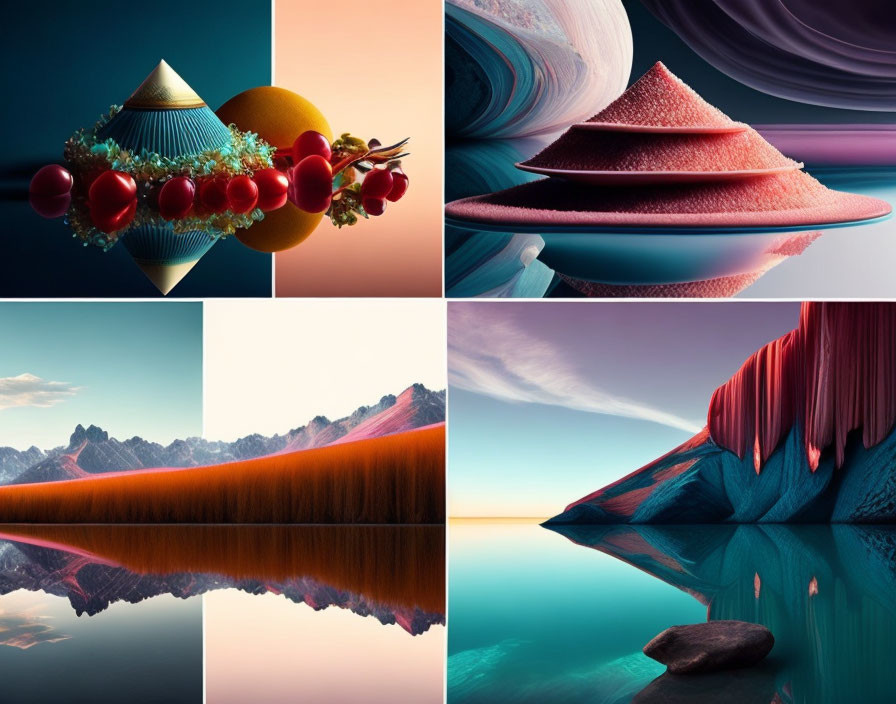 Vibrant surreal landscapes with abstract shapes & colors