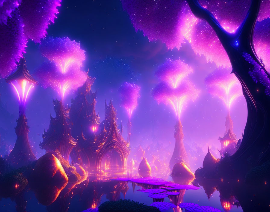 Mystical Purple Forest with Glowing Trees and Starry Sky