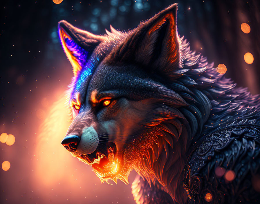 Digital art: Wolf with glowing red eyes and ornate fur patterns on mystical background