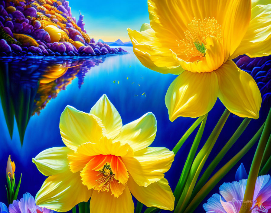 Colorful Digital Artwork: Yellow and White Flowers, Blue Water Reflection, Bright Landscape
