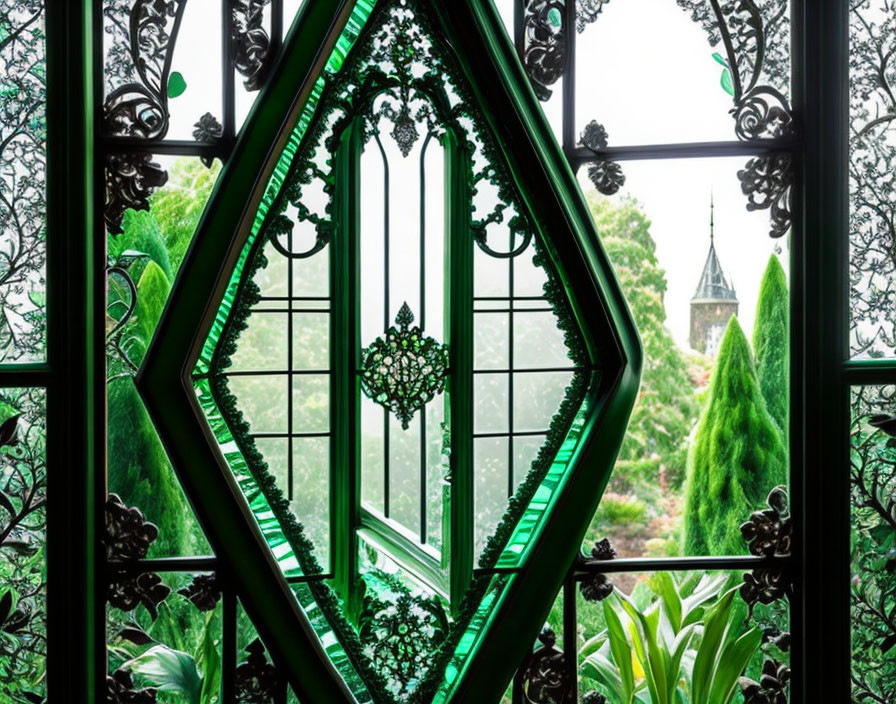 Diamond-shaped black-framed window overlooking lush greenery and distant spire in wrought-iron design