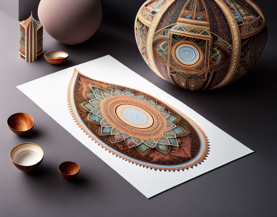 Colorful mandala artwork with copper bowls and geometric object on table