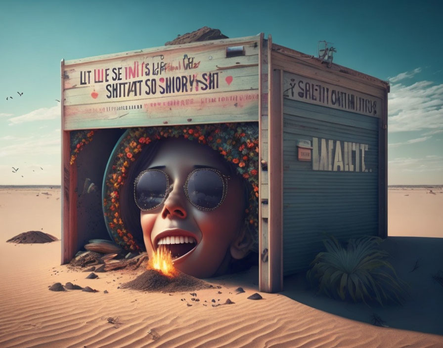 Giant smiling woman's head with fiery mouth in desert diner landscape