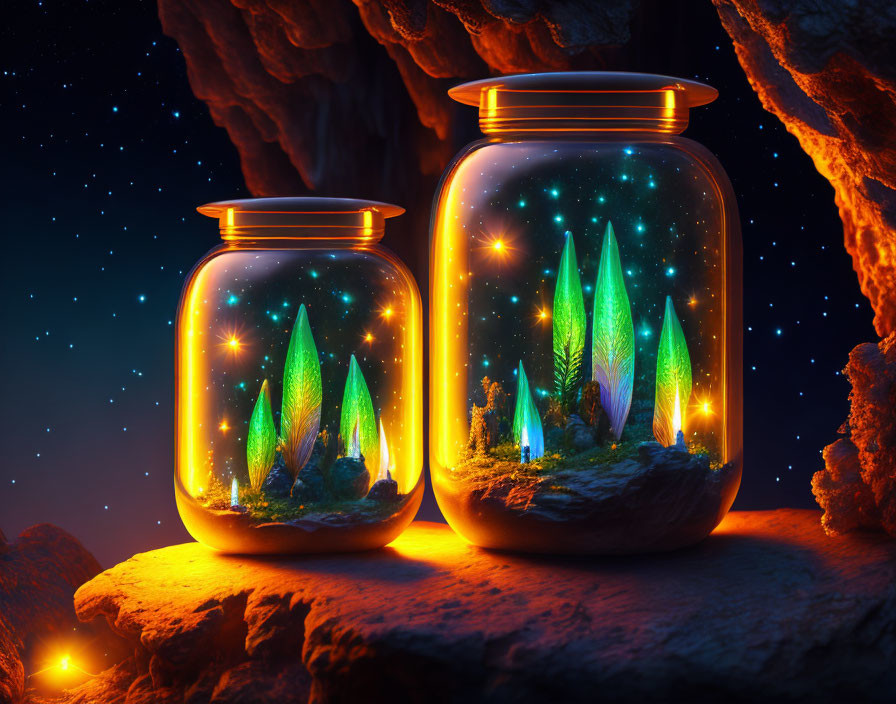 Miniature mystical forest scenes in glowing jars on rocky surface