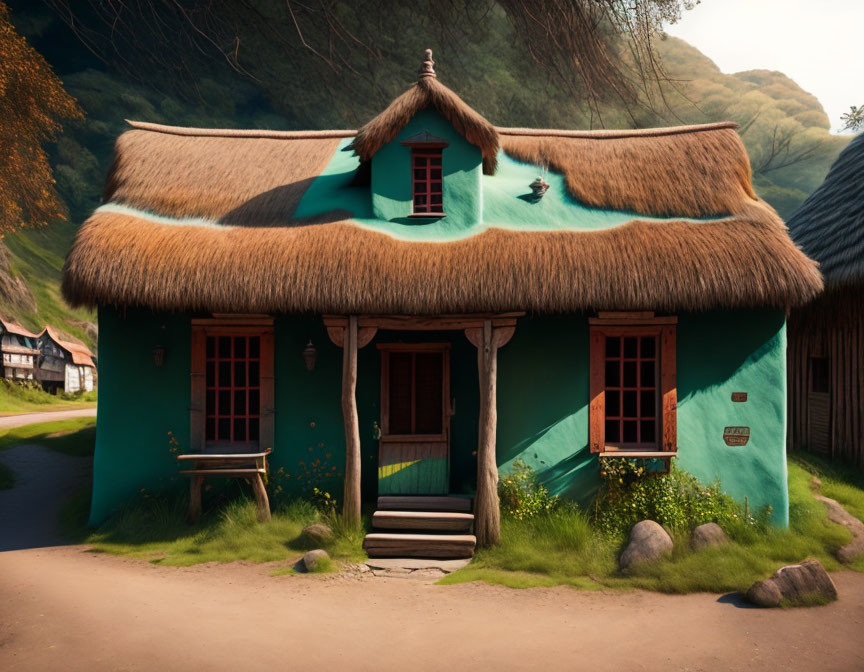 Thatched-Roof Cottage with Teal Accents and Wooden Doors in Green Setting