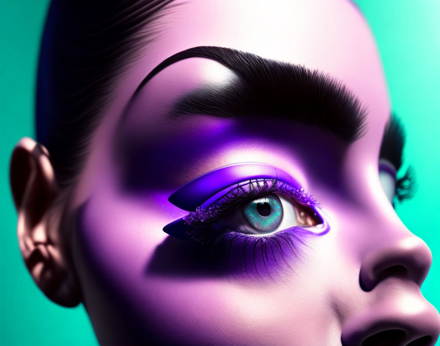 Detailed purple eye makeup on woman's face against green background