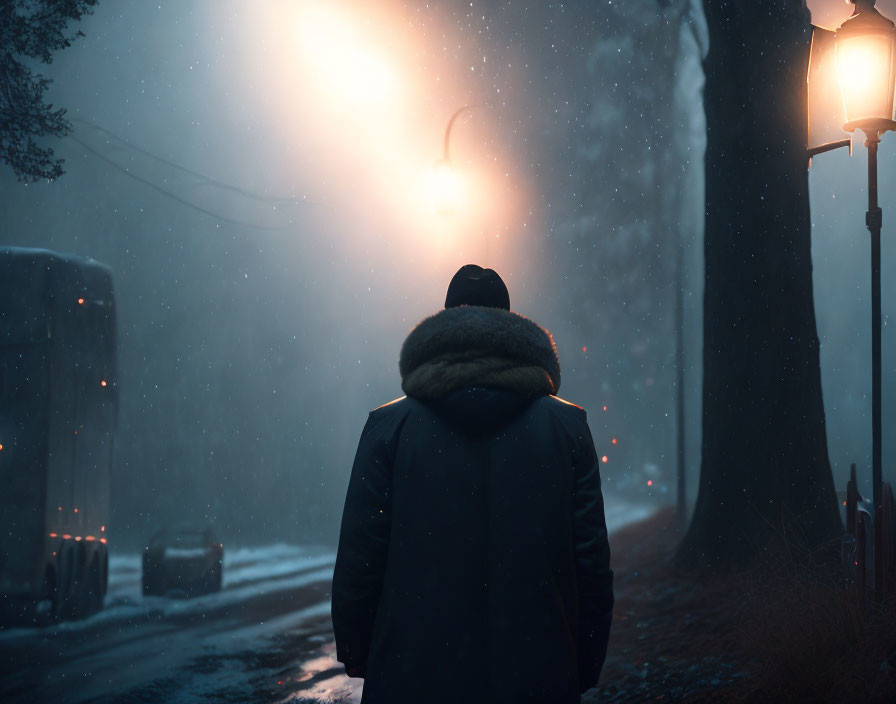 Person in winter coat and hat on snowy street at night with street lamps and vehicles in foggy setting