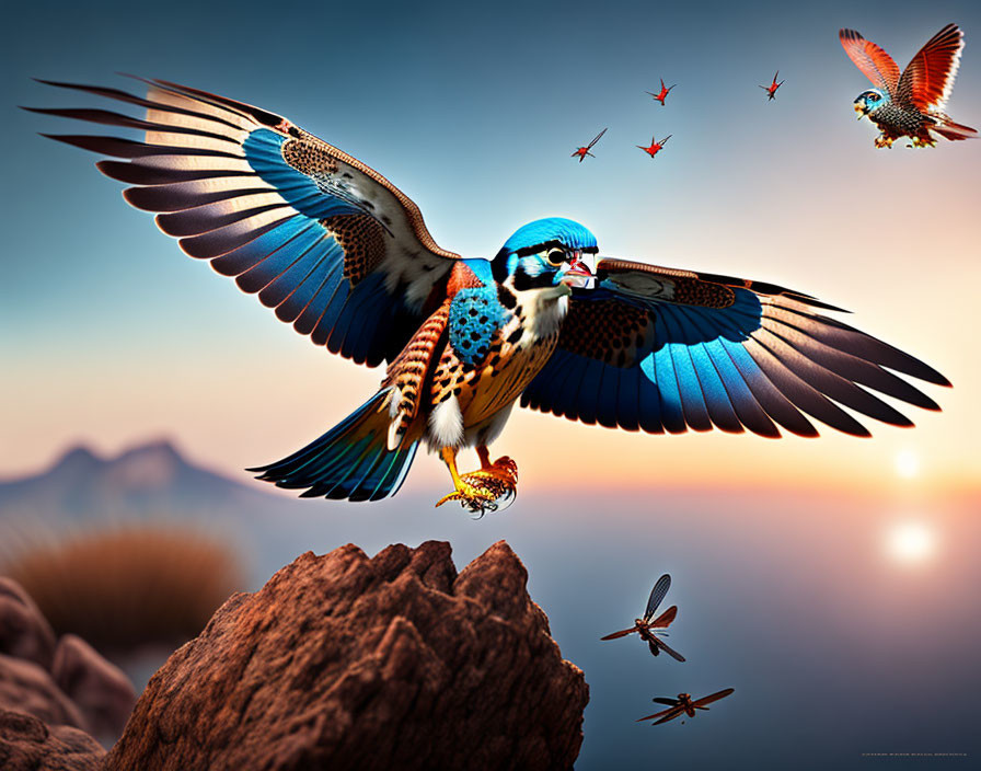 Colorful bird flying against sunset sky over mountains
