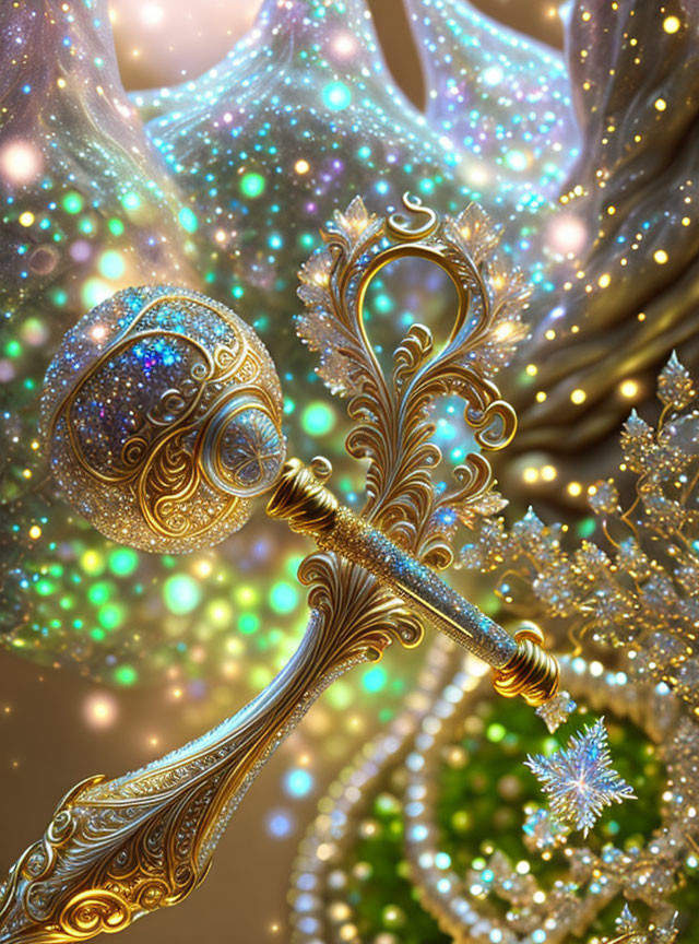 Intricate Golden Scepter with Glowing Orb and Magical Lights