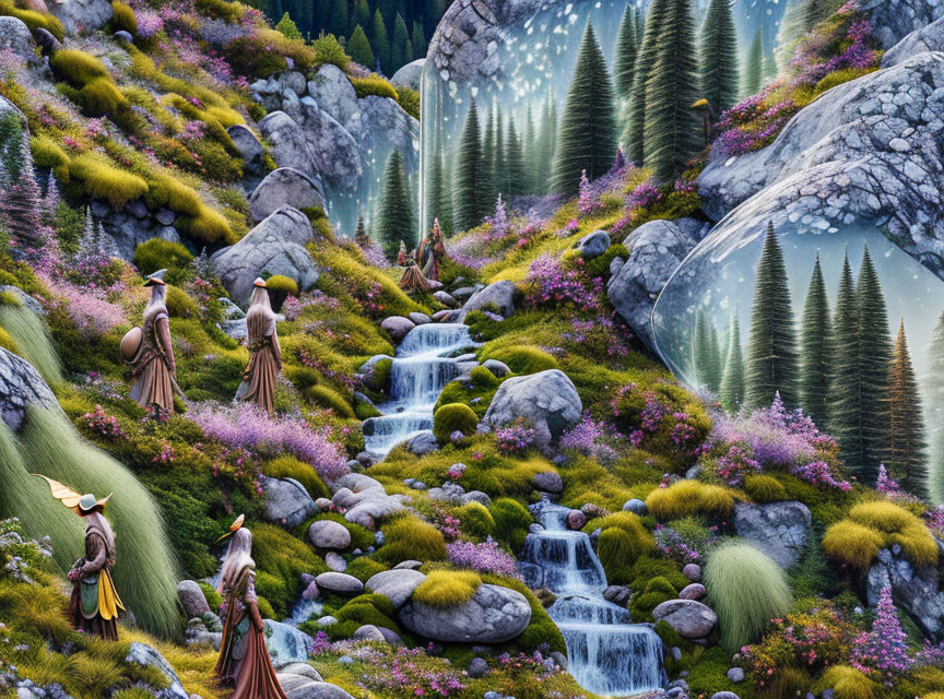 Fantastical landscape with waterfall, colorful flora, robed figures, glowing orbs