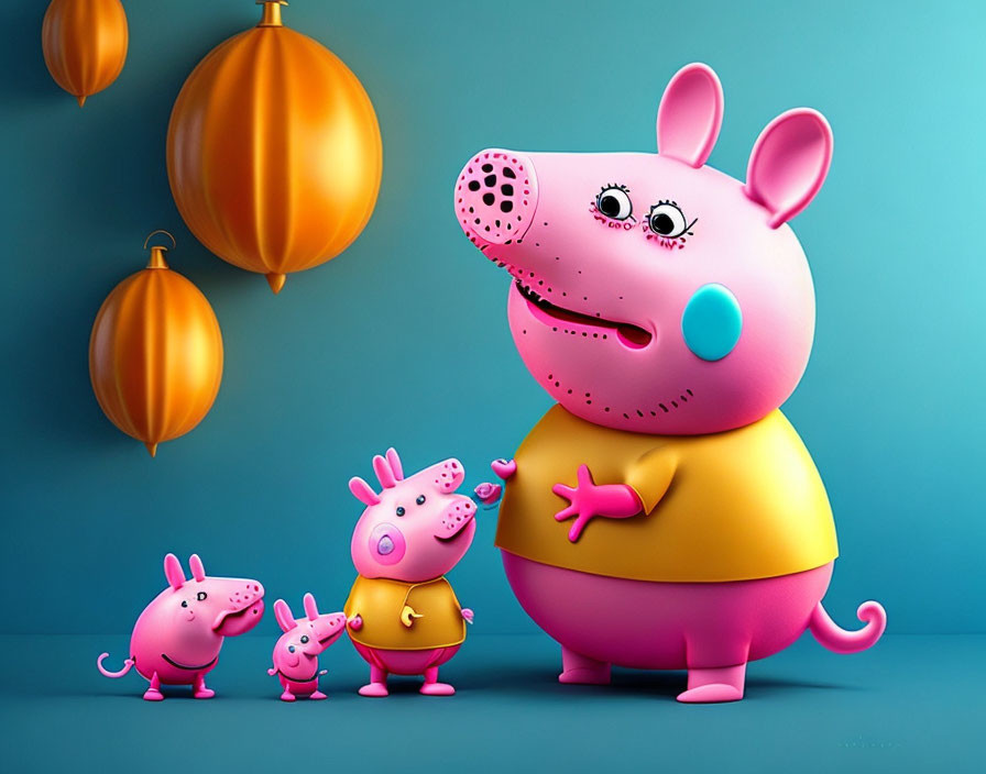 Three cartoon pigs in yellow and pink on blue background with orange lanterns