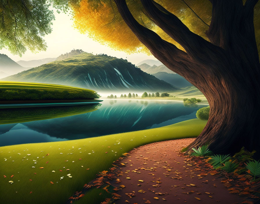 Serene landscape with large tree, winding path, reflective river, green hills, and radiant sunrise