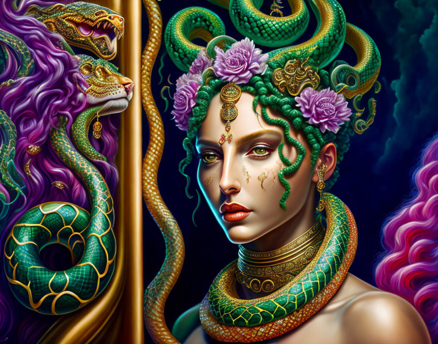 Detailed Illustration of Woman with Serpentine Features and Snakes in Colorful Surroundings