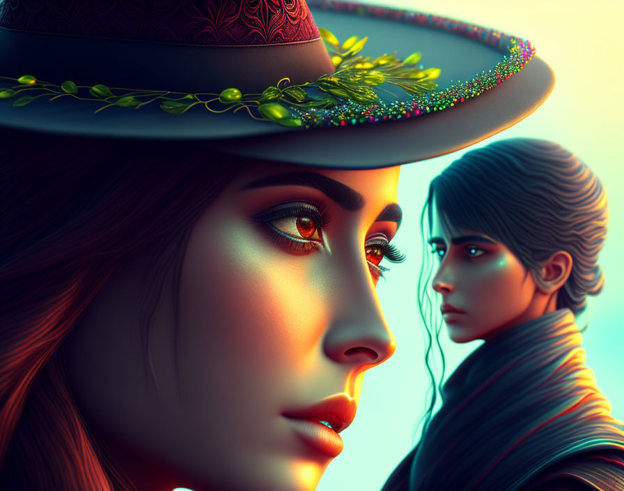 Vibrant portrait of two stylized women with detailed facial features