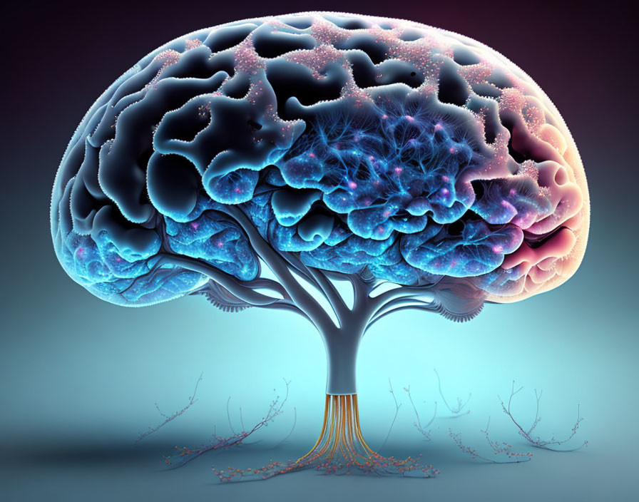 Vibrant tree-like neuron structures in human brain illustration