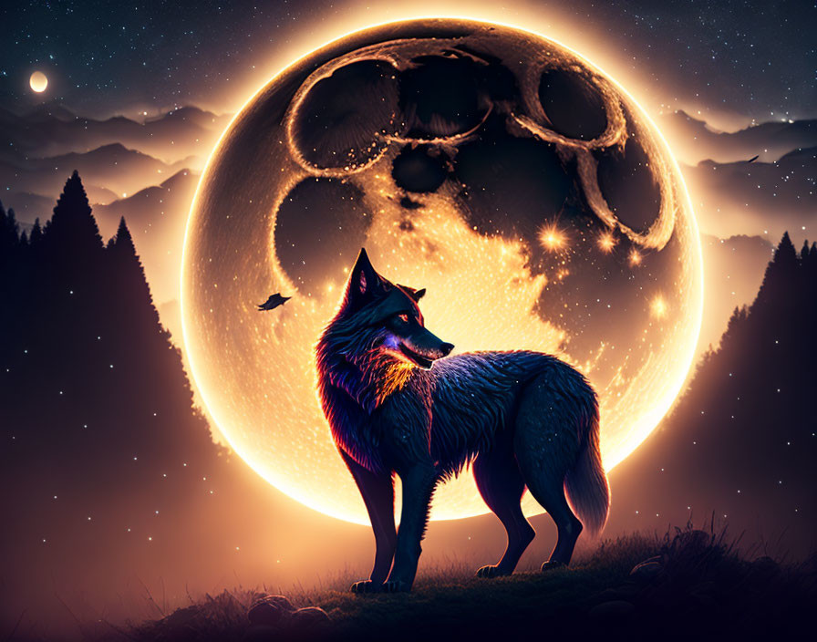 Silhouetted wolf against mystical full moon with skull pattern