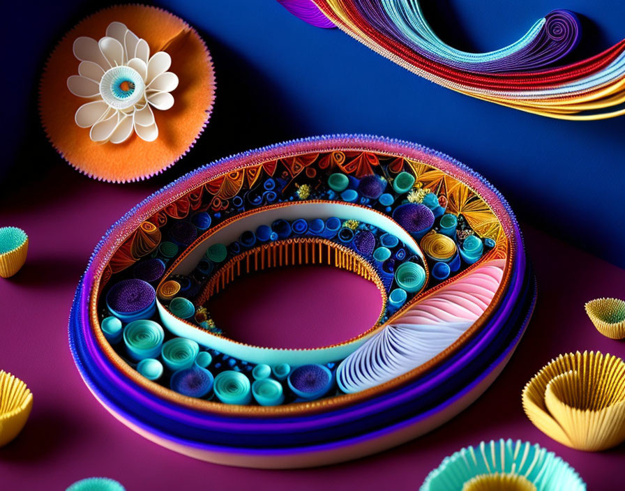 Colorful Abstract 3D Composition with Quilled Shapes on Blue and Purple Background