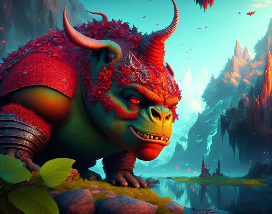 Vibrant fantasy landscape with colorful dragon-like creature