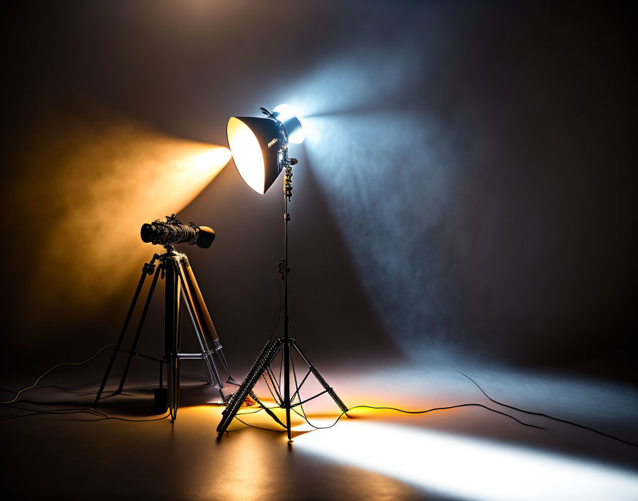 Professional Photo Studio Setup with Camera, Tripod, and Studio Light on Dark Backdrop