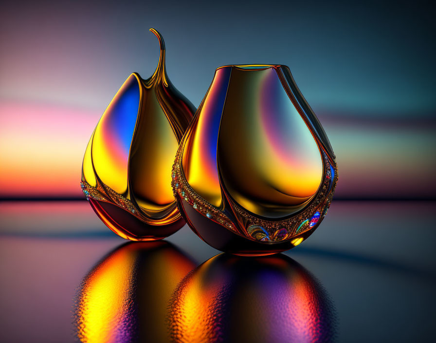 Reflective ornate golden vases on gradient sunset background