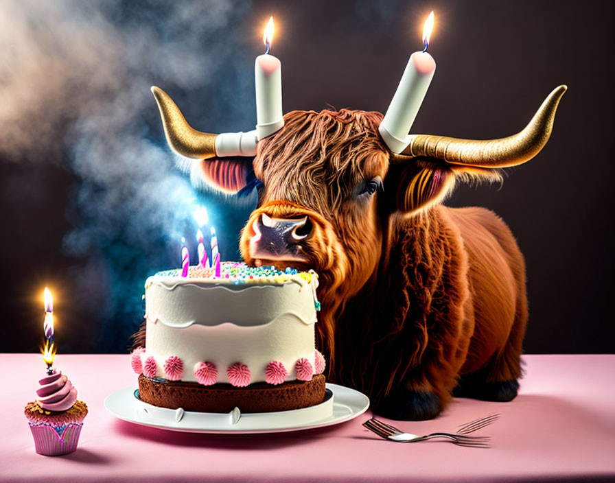 Highland cow birthday celebration with cake and party horns on table