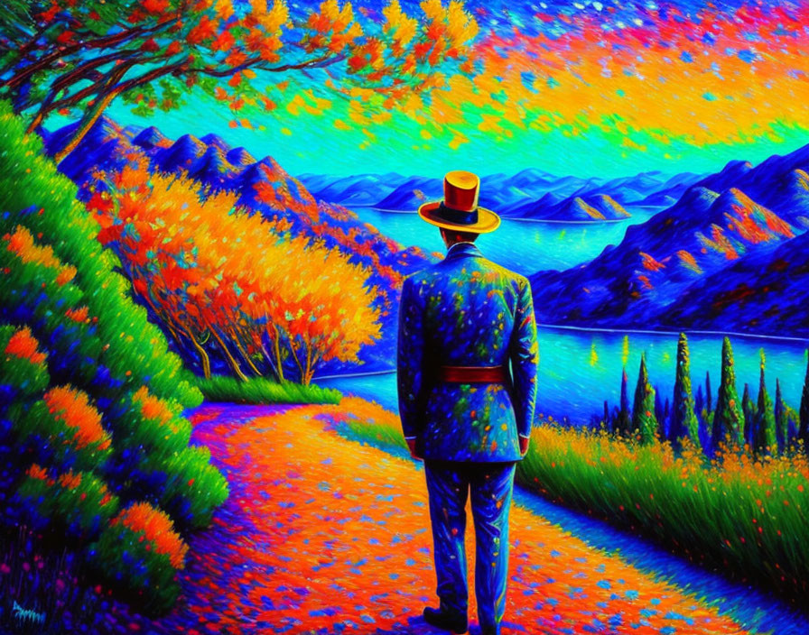 Colorful Painting: Man in Hat and Suit in Nature Landscape