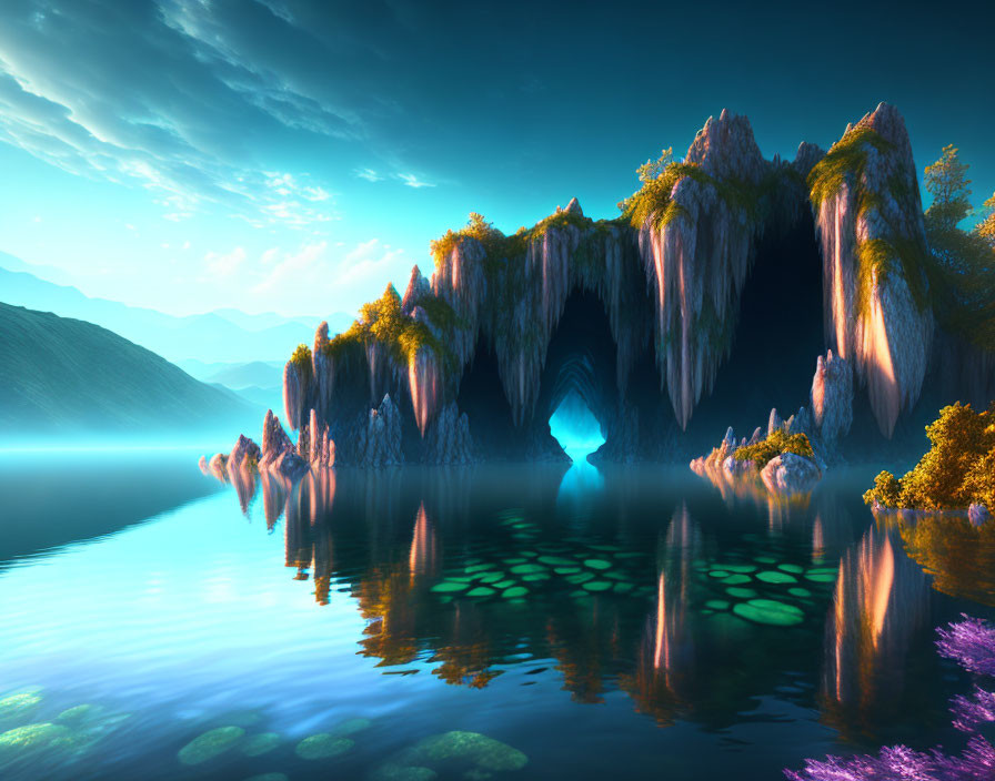 Mystical cave entrance in serene mountain landscape