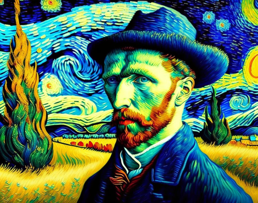 Colorful Van Gogh-style painting of bearded man with blue hat, swirling starry sky,