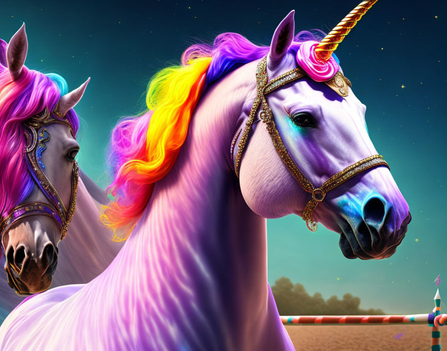 Colorful unicorns with gold-trimmed bridles under a night sky.