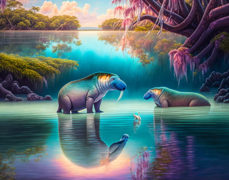 Vibrant oversized fantasy hippos in colorful surreal forest landscape