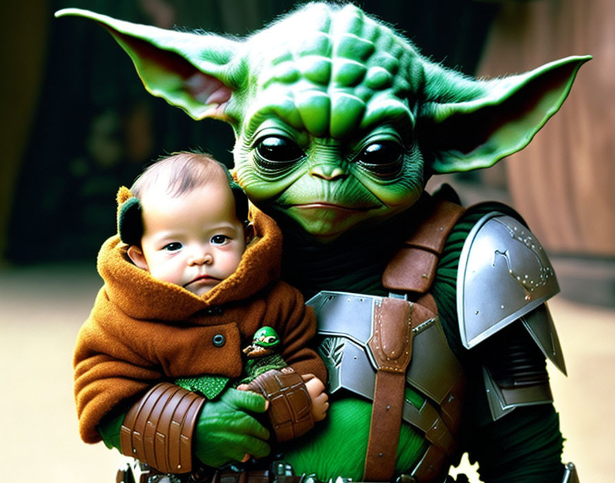 Brown-costumed baby held by green, pointy-eared alien in armor
