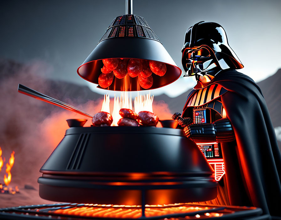 Sci-fi character cooking meatballs under heat lamp with fiery backdrop