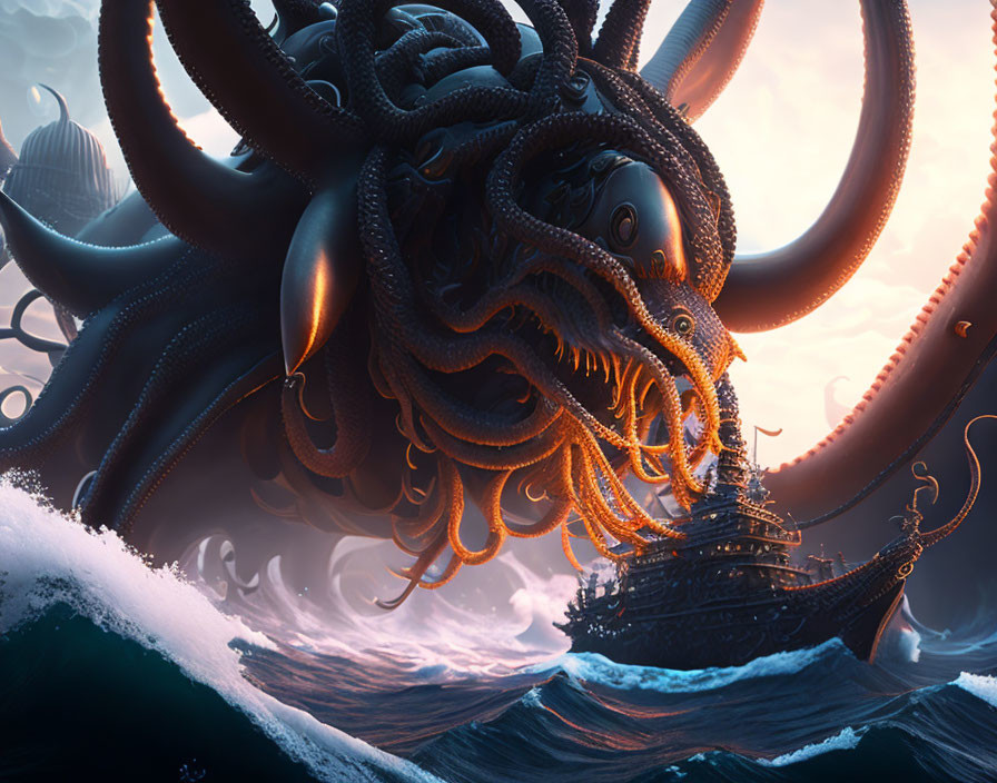 Giant octopus attacking ship in turbulent ocean waves